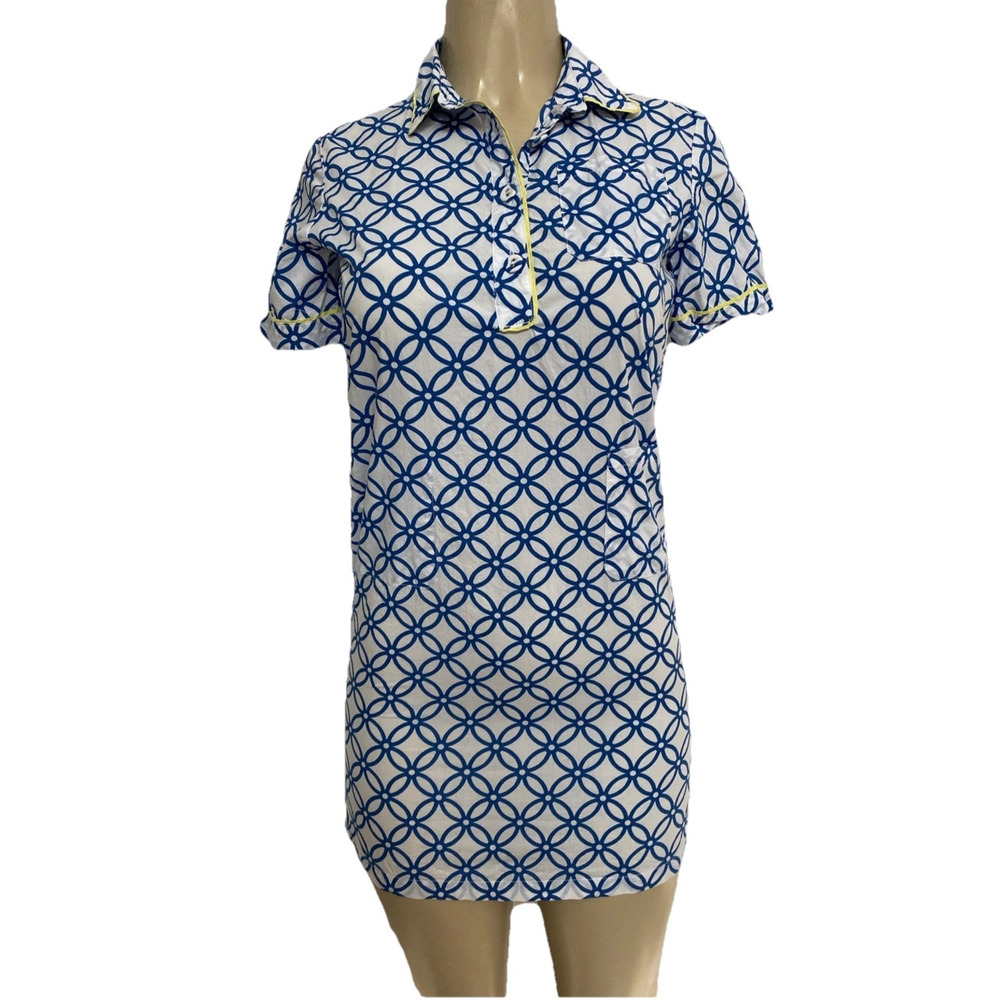 Marni Blue White Polo Dress Geometric Print Cotton Short Sleeve V Neck 10 Shift